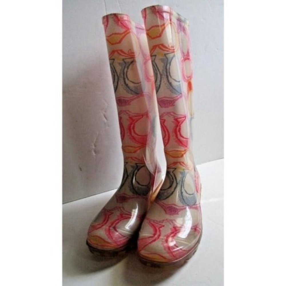 Coach Blue Pink Jelly Multi Color Signature Logo Knee High Rubber Rain Boots - Picture 4 of 11